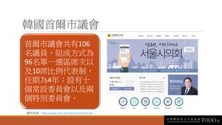 韓國首爾市議會
首爾市議會共有106
名議員，組成方式為
96名單一選區席次以
及10席比例代表制，
任期為4年；設有十
個常設委員會以及兩
個特別委員會。
資料來源：http://www.smc.seoul.kr/main/index.do
 