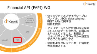 Financial API (FAPI) WG
• セキュリティとプライバシープロ
ファイル、JSON data schema、
REST APIsに関する
勧告を提供
• アプリケーションが⾦融⼝座に保管
されているデータを利⽤、⾦融⼝座
とやりとりすること、利⽤者が
セキュリティとプライバシー設定を
することを⽬的とする
• 保健およびクレジットカード情報も
考慮対象とする
 