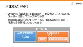 FIDOとFAPI
• OAuthは「ID連携(Federation)」を役割としているため、
ユーザー認証はスコープ外である
• ⾦融領域はFAPIのプロファイルにFIDOの認証を補完し
活⽤できる領域のひとつである
FinTech
Authentication
FIDO
Federation
OAuth
FAPI OpenID Connect
 