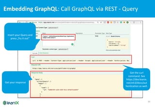33
Embedding	
  GraphQL:	
  Call	
  GraphQL via	
  REST	
  -­‐ Query
Insert	
  your Query	
  and
press	
  „Try	
  it out“
...