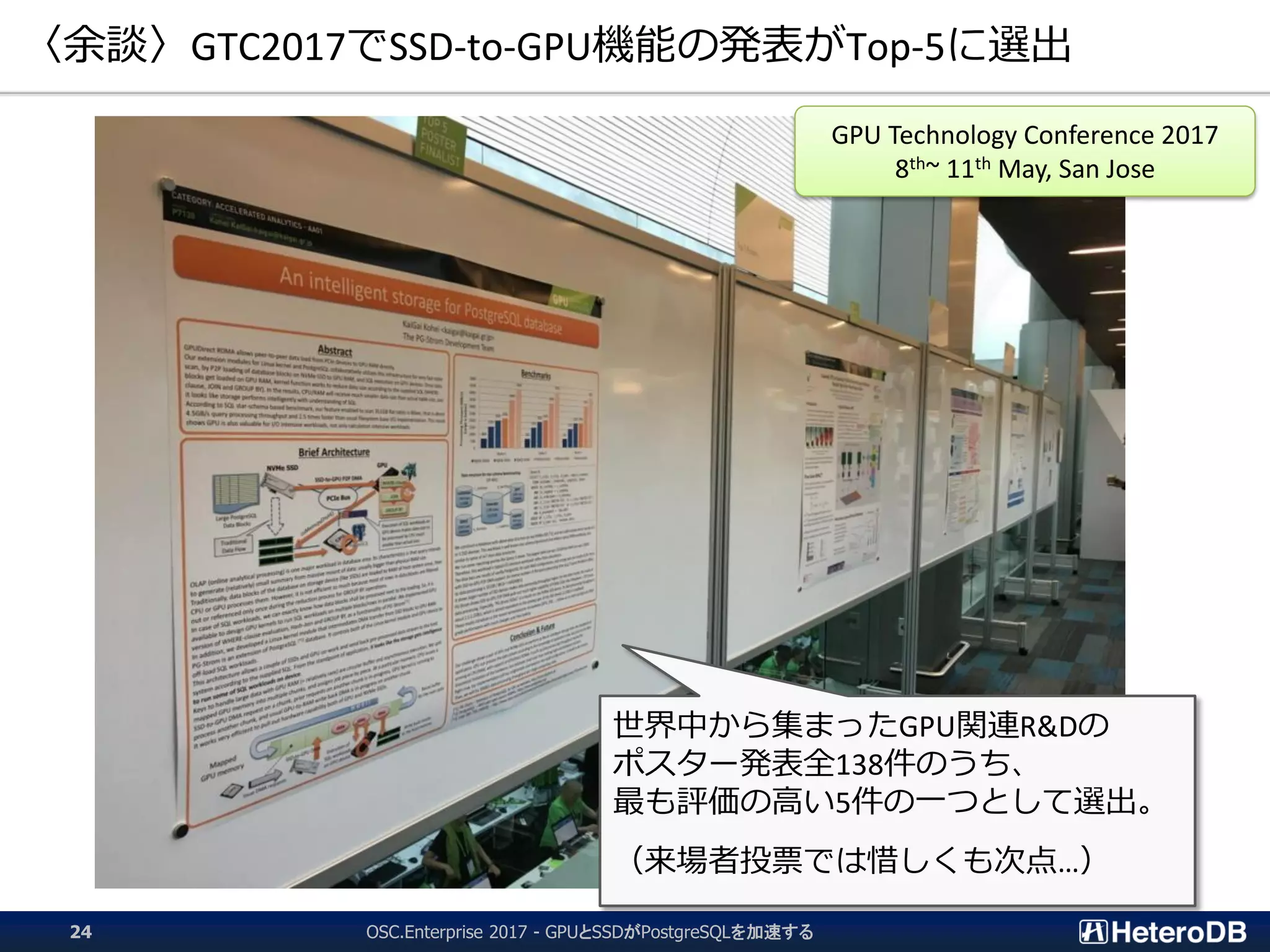 〈余談〉GTC2017でSSD-to-GPU機能の発表がTop-5に選出
OSC.Enterprise 2017 - GPUとSSDがPostgreSQLを加速する24
世界中から集まったGPU関連R&Dの
ポスター発表全138件のうち、
最も評価の高い5件の一つとして選出。
（来場者投票では惜しくも次点…）
GPU Technology Conference 2017
8th~ 11th May, San Jose
 