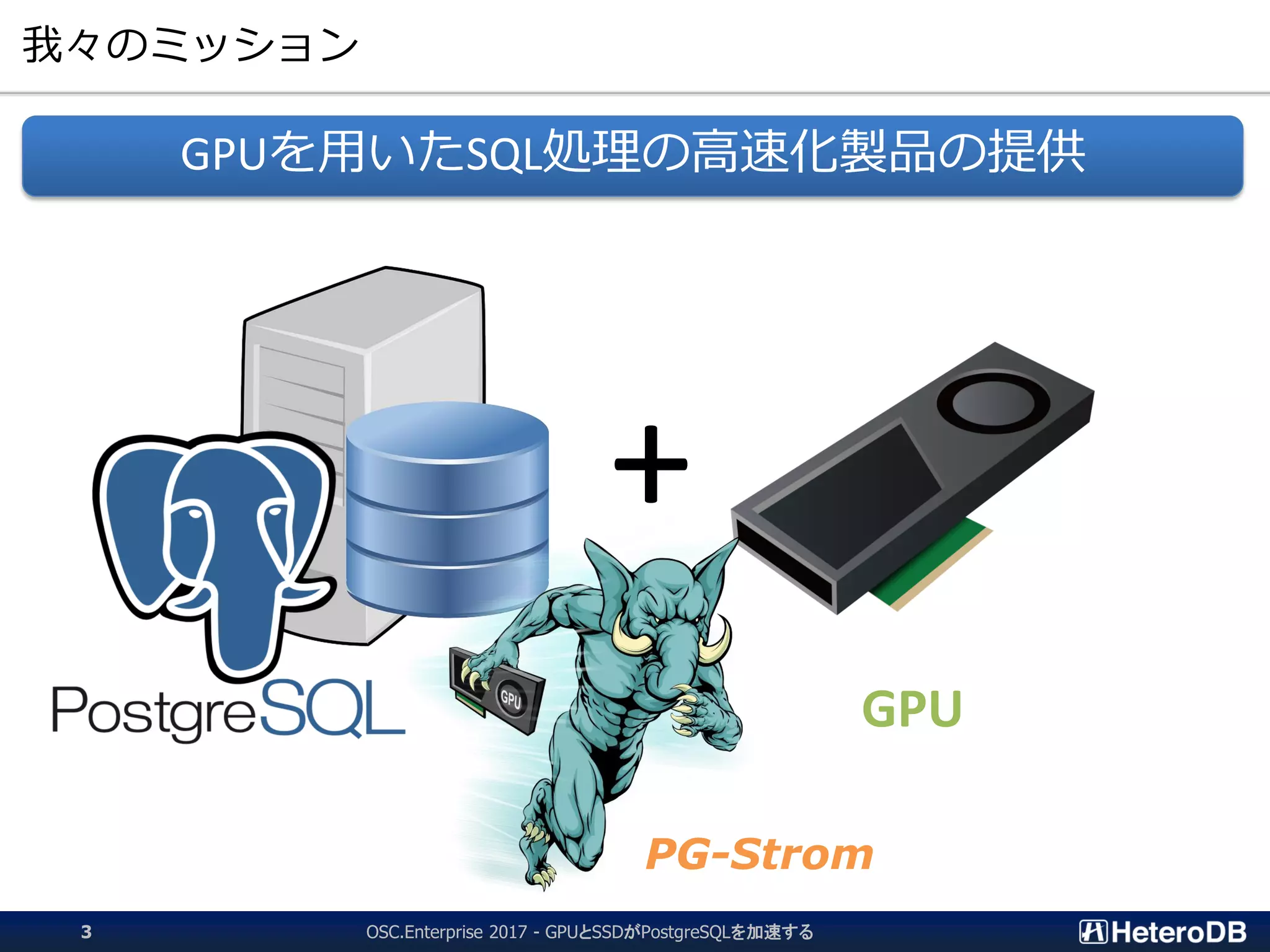 我々のミッション
+
GPUを用いたSQL処理の高速化製品の提供
GPU
PG-Strom
OSC.Enterprise 2017 - GPUとSSDがPostgreSQLを加速する3
 
