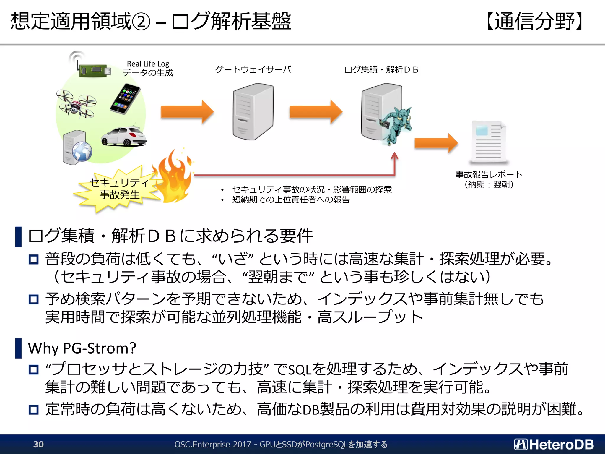 セキュリティ
事故発生
想定適用領域② – ログ解析基盤 【通信分野】
OSC.Enterprise 2017 - GPUとSSDがPostgreSQLを加速する30
▌ログ集積・解析ＤＢに求められる要件
 普段の負荷は低くても、“いざ” という時には高速な集計・探索処理が必要。
（セキュリティ事故の場合、“翌朝まで” という事も珍しくはない）
 予め検索パターンを予期できないため、インデックスや事前集計無しでも
実用時間で探索が可能な並列処理機能・高スループット
▌Why PG-Strom?
 “プロセッサとストレージの力技” でSQLを処理するため、インデックスや事前
集計の難しい問題であっても、高速に集計・探索処理を実行可能。
 定常時の負荷は高くないため、高価なDB製品の利用は費用対効果の説明が困難。
ゲートウェイサーバ ログ集積・解析ＤＢ
Real Life Log
データの生成
• セキュリティ事故の状況・影響範囲の探索
• 短納期での上位責任者への報告
事故報告レポート
（納期：翌朝）
 