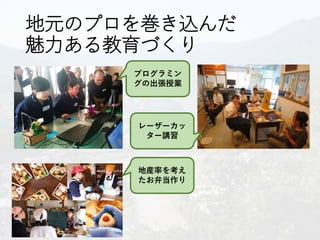地元のプロを巻き込んだ
魅力ある教育づくり
プログラミン
グの出張授業
レーザーカッ
ター講習
地産率を考え
たお弁当作り
 