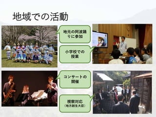 地域での活動
地元の阿波踊
りに参加
小学校での
授業
コンサートの
開催
視察対応
（地方創生大臣）
 