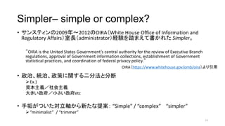 SimplerC simple or complex?
? 󥹥ƥ2009?2012OIRAWhite House Office of Information and
Regulatory AffairsLadministratorUY̤ޤƕ줿 Simpler
OIRA is the United States Governments central authority for the review of Executive Branch
regulations, approval of Government information collections, establishment of Government
statistical practices, and coordination of federal privacy policy.
? ΡyΡߤvַȷֶ
?Ex.)
Yxx
󤭤Сetc
? ֹĤS¤᰸ Simple / complex simpler
?minimalist / trimmer
13
OIRAhttps://www.whitehouse.gov/omb/oira
 