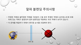 알파 블렌딩 주의사항
• 투명한 객체와 불투명한 객체를 구분없이 그릴 경우 투명한 객체의 깊이테스트에 의해
뒤에 있는 객체가 컬링되어 알파 블렌딩을 적용해도 뒤의 객체가 보이지 않는다.
• 이 문제를 해결하기 위해서 렌더링 순서를 조절해야 한다.
유리 창
 