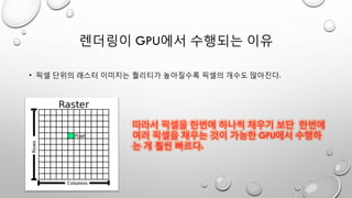 렌더링이 GPU에서 수행되는 이유
• 픽셀 단위의 래스터 이미지는 퀄리티가 높아질수록 픽셀의 개수도 많아진다.
따라서 픽셀을 한번에 하나씩 채우기 보단 한번에
여러 픽셀을 채우는 것이 가능한 GPU에서 수행하
는 게 훨씬 빠르다.
 