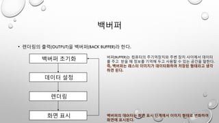 백버퍼
• 렌더링의 출력(OUTPUT)을 백버퍼(BACK BUFFER)라 한다.
백버퍼 초기화
데이터 설정
렌더링
화면 표시
버퍼(BUFFER)는 컴퓨터의 주기억장치와 주변 장치 사이에서 데이터
를 주고 받을 때 정보를 기억해 두고 사용할 수 있는 공간을 말한다.
즉, 백버퍼는 래스터 이미지가 데이터화하며 저장된 형태라고 생각
하면 된다.
백버퍼의 데이터는 화면 표시 단계에서 이미지 형태로 변화하여
화면에 표시된다.
 