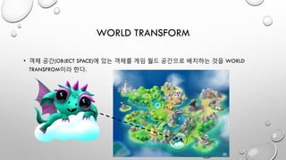 WORLD TRANSFORM
• 객체 공간(OBJECT SPACE)에 있는 객체를 게임 월드 공간으로 배치하는 것을 WORLD
TRANSFROM이라 한다.
 