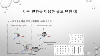 아핀 변환을 이용한 월드 변환 예
• 스케일링을 통해 구의 반지름이 2배가 되었다.
 