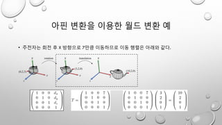 아핀 변환을 이용한 월드 변환 예
• 주전자는 회전 후 X 방향으로 7만큼 이동하므로 이동 행렬은 아래와 같다.
 