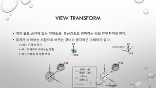 VIEW TRANSFORM
• 게임 월드 공간에 있는 객체들을 뷰공간으로 변환하는 것을 뷰변환이라 한다.
• 유저가 바라보는 시점으로 바뀌는 것이라 생각하면 이해하기 쉽다.
 EYE : 카메라 위치
 AT : 카메라가 바라보는 방향
 UP : 카메라 윗 방향 벡터
 