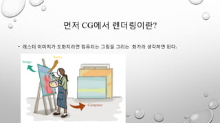 • 래스터 이미지가 도화지라면 컴퓨터는 그림을 그리는 화가라 생각하면 된다.
Computer
Scene
Image
먼저 CG에서 렌더링이란?
 