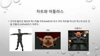 차트와 아틀라스
• 각각의 폴리곤 메쉬의 텍스쳐를 차트(CHART)라 하고 여러 차트를 하나의 텍스쳐 모은 것
을 아틀라스(ATLAS)라고 부른다.
차트
아틀라스
 