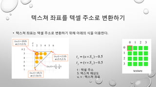 텍스쳐 좌표를 텍셀 주소로 변환하기
• 텍스쳐 좌표는 텍셀 주소로 변환하기 위해 아래의 식을 이용한다.
t : 텍셀 주소
S: 텍스쳐 해상도
u, v : 텍스쳐 좌표
 