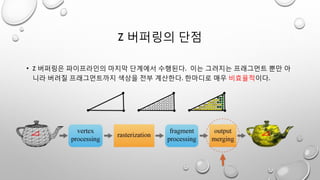 Z 버퍼링의 단점
• Z 버퍼링은 파이프라인의 마지막 단계에서 수행된다. 이는 그려지는 프래그먼트 뿐만 아
니라 버려질 프래그먼트까지 색상을 전부 계산한다. 한마디로 매우 비효율적이다.
 
