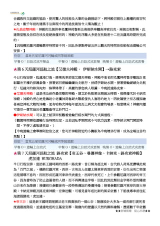 ★★府城旅遊 從心出發★★
合國教科文組織的協助，使用驚人的技術及大筆的金錢援助下，將神殿切割往上搬遷約兩百呎
之地，數千年前的建築手法與現今的再造技術皆令人嘆為觀止！
★孔翁波雙神殿：神殿的北側供奉老鷹神荷魯斯及南側供奉鱷魚神索貝克，兩側互相對稱，此
建築型態及信仰在埃及是絕無僅有的；神殿內的浮雕大多是在托勒密十二世及羅馬時期所完成
的。
【因每艘尼羅河遊輪靠岸時間皆不同，因此各景點停留及岸上觀光的時間皆依船程由遊輪公司
安排。】
住宿： 當地五星尼羅河河輪或同等級旅館
早餐 O：自助式或早餐盒 中餐 O：遊輪上自助式或套餐 晚餐 O：遊輪上自助式或套餐
★第 6 天尼羅河巡航之旅【艾德夫神殿、 伊斯納水閘】→路克索
今日行程安排，抵達港口後，搭乘馬車前往艾德夫神殿，神殿中著名的老鷹神荷魯浮雕設計更
彰顯出王權的保護象徵，接著返回遊輪繼續向北航行，途經伊斯納水閘。接著遊輪緩緩向北航
行，尼羅河的綠洲宛如一條翠綠帶子，美麗的景色映入眼簾，今晚抵達路克索。
★艾德夫神殿：這是埃及保存最完整的神殿，建立於托勒密王朝統治時期，規模僅次於卡納克
神殿；神殿的所在地是傳說中老鷹神荷魯斯大戰殺復仇人塞特的地方，因此牆壁上有各種描繪
著兩位神祇大戰的浮雕，更有哈特女神每年逆流而上與丈夫相會的場景，相當精采！神廟內還
可看見一尊花崗岩老鷹雕像守立於門口。
●伊斯納水閘：可以登上船頂甲板觀看遊輪行經水閘門的方式與過程。
（觀賞時間需依遊輪行始時間而定，且若因旺季期間或不可抗力因素，須等候水閘門開放時
間，不便之處敬請見諒。）
【今晚遊輪上會舉辦阿拉伯之夜，您可於神殿附近的小攤販為今晚增添行頭，成為全場注目的
焦點！】
住宿： 當地五星尼羅河河輪或同等級旅館
早餐 O：遊輪上自助式 中餐 O：遊輪上自助式或套餐 晚餐 O：遊輪上自助式或套餐
★第 7 天尼羅河巡航之旅 路克索【帝王谷、曼儂神像、卡納克、路克索神殿】
虎加達 HURGHADA
今日行程安排，造訪新王國時期的首都：路克索，昔日稱為底比斯，古代詩人荷馬更讚嘆此城
為「百門之城」，橫跨尼羅河東、西岸，古埃及人依據太陽東昇西落的定律，衍生出死亡與復
活是循環不息的，因而形成尼羅河東岸代表重生，西岸代表死亡，上午參觀尼羅河西岸的帝王
谷，因為當時為了防止盜墓者的入侵，而不再興建金字塔，因此找到此類似金字塔外型的隱密
山谷來作為陵寢；接續前往參觀曾有一段特殊傳說的曼儂神像；接著參觀尼羅河東岸的兩大神
殿：卡納克神殿及路克索神殿，宏偉壯觀，可看見當年底比斯的風采依舊！下船後專車前往紅
海渡假勝地：虎加達。
★帝王谷：這是新王國時期埋葬法老王與貴族的一個山谷；陵寢設計大多為一道長廊引渡死者
度過最後階段，並通達地底的主墓室安葬，陵寢內的壁畫以天然的顏料繪製，歷經數千年依舊
 