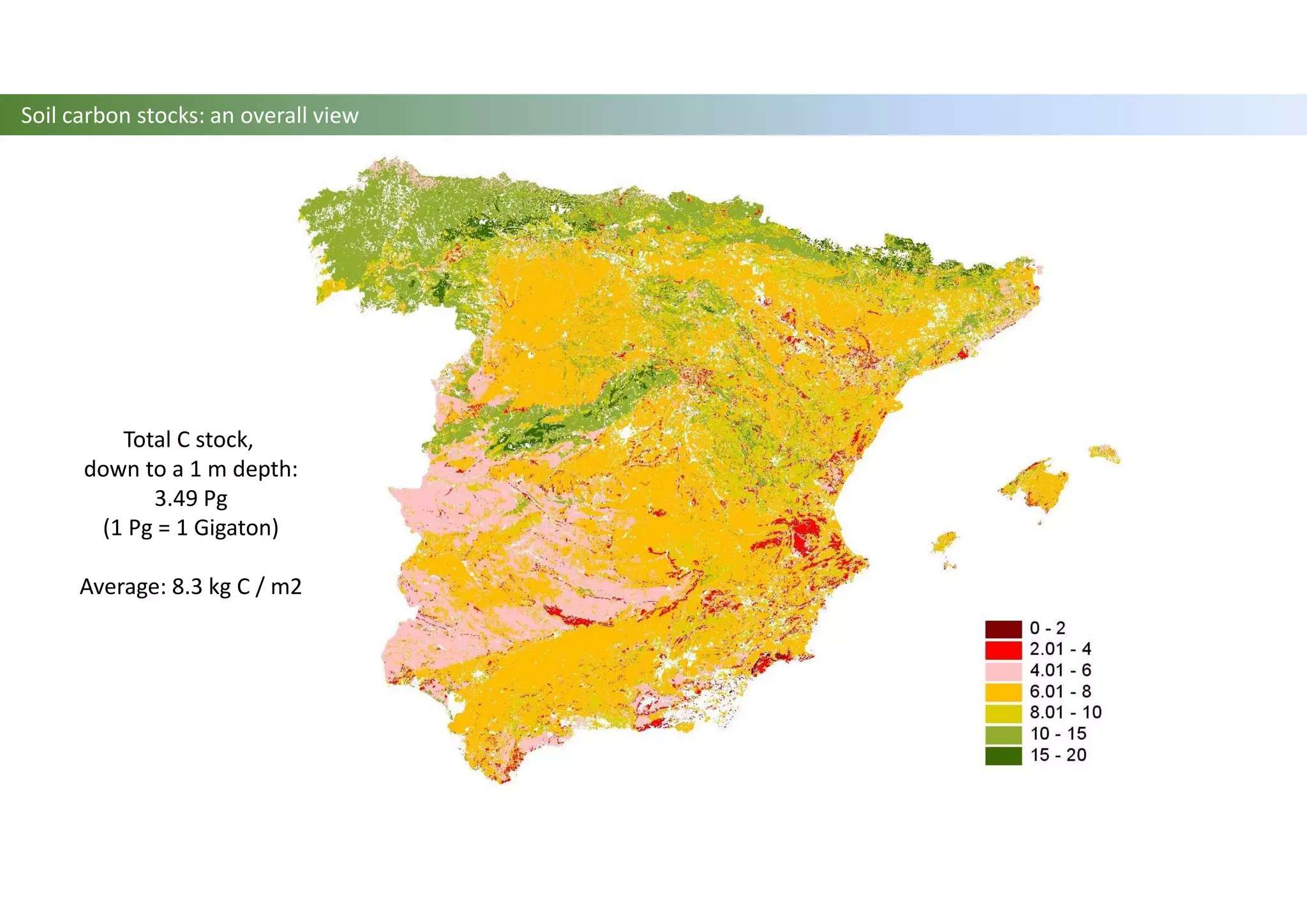 Total C stock,
down to a 1 m depth:
3.49 Pg
(1 Pg = 1 Gigaton)
Average: 8.3 kg C / m2
Soil carbon stocks: an overall view
 