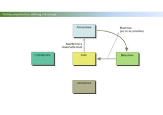 Atmosphere
Soils
Lithosphere
Hydrosphere Biosphere
Maximize
(as far as possible)
Maintain to a
reasonable level
Carbon sequestration: defining the concept
 