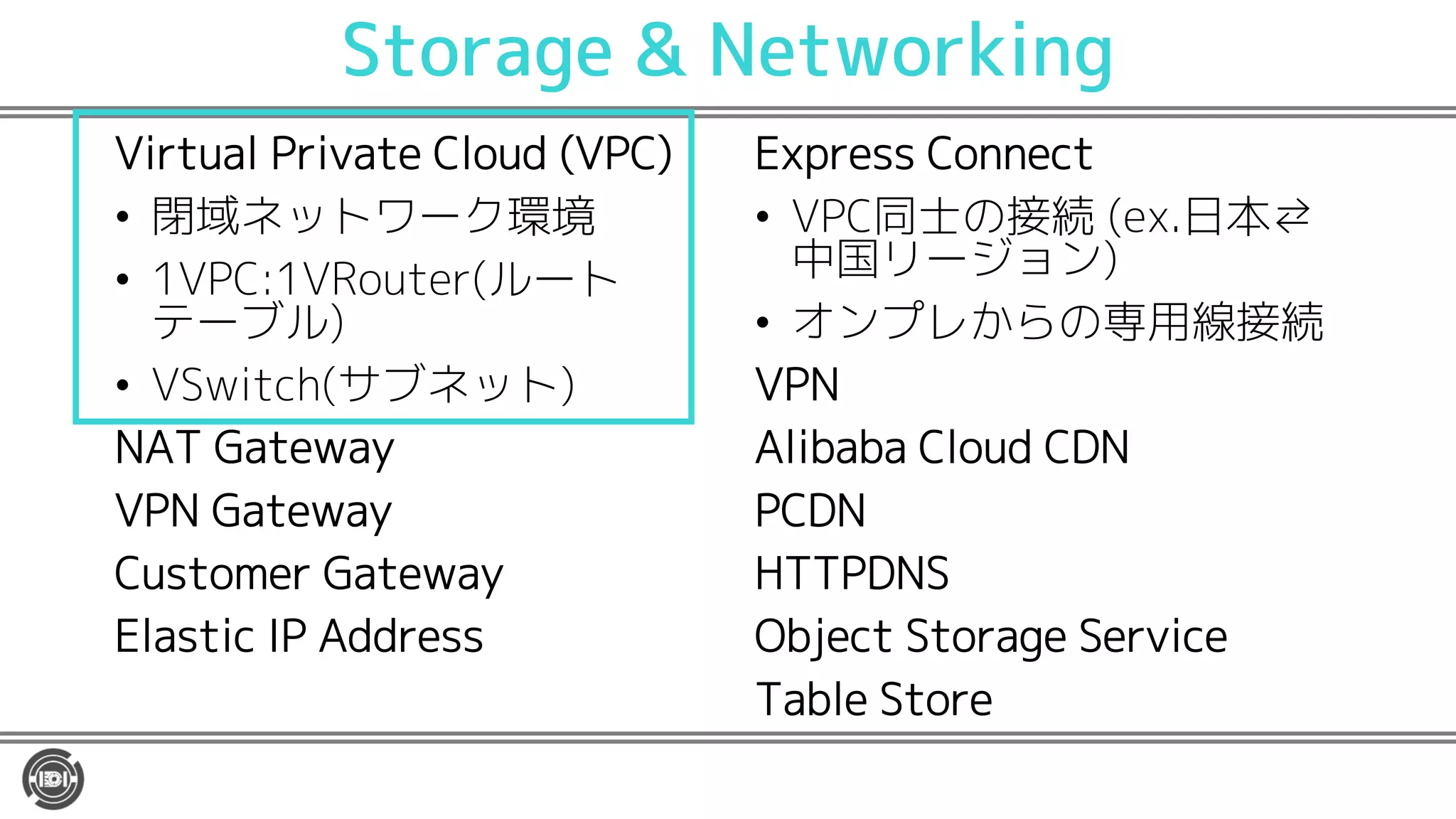 Storage & Networking
Virtual Private Cloud (VPC)
• 閉域ネットワーク環境
• 1VPC:1VRouter(ルート
テーブル)
• VSwitch(サブネット)
NAT Gateway
VPN Gateway
Customer Gateway
Elastic IP Address
Express Connect
• VPC同士の接続 (ex.日本⇄
中国リージョン)
• オンプレからの専用線接続
VPN
Alibaba Cloud CDN
PCDN
HTTPDNS
Object Storage Service
Table Store
 