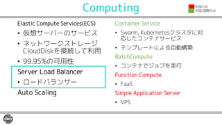 Computing
Elastic Compute Services(ECS)
• 仮想サーバーのサービス
• ネットワークストレージ
CloudDiskを接続して利用
• 99.95%の可用性
Server Load Balancer
• ロードバランサー
Auto Scaling
Container Service
• Swarm, Kubernetesクラスタに対
応したコンテナサービス
• テンプレートによる自動構築
BatchCompute
• コンテナでジョブを実行
Function Compute
• FaaS
Simple Application Server
• VPS
中国のみ
中国/国際のみ
 