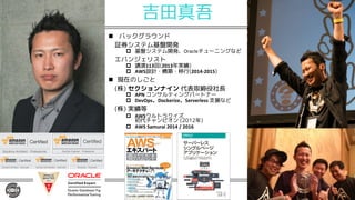 吉田真吾
n バックグラウンド
証券システム基盤開発
p 基盤システム開発、Oracleチューニングなど
エバンジェリスト
p 講演113回(2013年実績)
p AWS設計・構築・移行(2014-2015)
n 現在のしごと
(株) セクションナイン 代表取締役社長
p APN	コンサルティングパートナー
p DevOps Dockerize Serverless	支援など
(株) 実績等
p AWSウルトラクイズ
初代チャンピオン (2012年)
p AWS	Samurai	2014	/	2016
 
