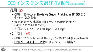 ECSインスタンス選び (Ⅳ世代※日本未展開)
• 汎用 g5
• CPU： 64-core Skylake Xeon Platinum 8163 2.5
GHz 〜 2.9 GHz
• vCPU/メモリ比率=1:4 (2vCPU/8GB Mem〜
64vCPU/256GB Mem)
• 内部ネットワーク：1Gbps〜20Gbps
• バースト t5
• CPU： 2.5 GHz Intel Xeon, E5-2682 v4 (Broadwell)
• CPUバーストトークンによるリソース割当て
https://www.alibabacloud.com/help/zh/doc-detail/25378.htm
 