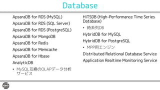 Database
ApsaraDB for RDS (MySQL)
ApsaraDB for RDS (SQL Server)
ApsaraDB for RDS (PostgreSQL)
ApsaraDB for MongoDB
ApsaraDB for Redis
ApsaraDB for Memcache
ApsaraDB for Hbase
AnalyticDB
• MySQL互換のOLAPデータ分析
サービス
HiTSDB (High-Performance Time Series
Database)
• 時系列DB
HybridDB for MySQL
HybridDB for PostgreSQL
• MPP用エンジン
Distributed Relational Database Service
Application Realtime Monitoring Service
 