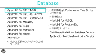 Database
ApsaraDB for RDS (MySQL)
ApsaraDB for RDS (SQL Server)
ApsaraDB for RDS (PostgreSQL)
ApsaraDB for MongoDB
ApsaraDB for Redis
ApsaraDB for Memcache
ApsaraDB for Hbase
AnalyticDB
• MySQL互換のOLAPデータ分析
サービス
HiTSDB (High-Performance Time Series
Database)
• 時系列DB
HybridDB for MySQL
HybridDB for PostgreSQL
• MPP用エンジン
Distributed Relational Database Service
Application Realtime Monitoring Service
 