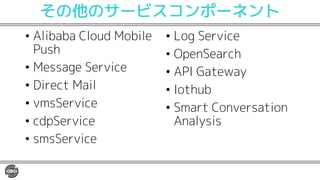 その他のサービスコンポーネント
• Alibaba Cloud Mobile
Push
• Message Service
• Direct Mail
• vmsService
• cdpService
• smsService
• Log Service
• OpenSearch
• API Gateway
• Iothub
• Smart Conversation
Analysis
 