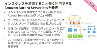 • インスタンスを意識すること無く利⽤できる
Aurora Serverlessがプレビュー開始
• フルマネージド型なのでスケーリングやインス
タンスリプレースを意識する必要がなくなる
• 定時バッチ処理や、CMSのバックエンドなどア
クセスの少ないワークロードに最適。ハイス
ループットな場合は現状のAuroraがお勧め
• 2018年早々に詳細を発表予定。まずはMySQL
互換からで、PostgreSQL互換については別途
発表予定
 