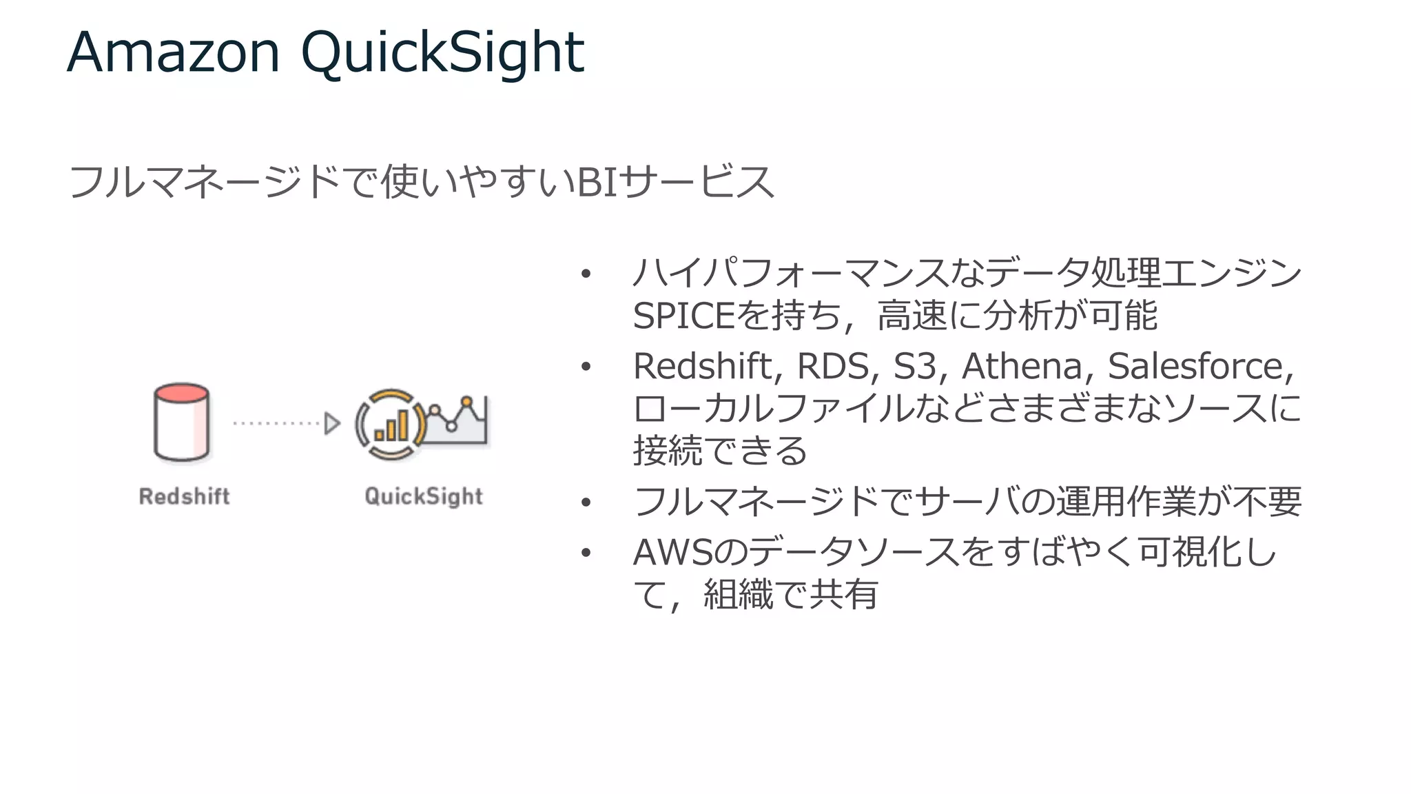 Amazon QuickSight
フルマネージドで使いやすいBIサービス
• ハイパフォーマンスなデータ処理エンジン
SPICEを持ち，⾼速に分析が可能
• Redshift, RDS, S3, Athena, Salesforce,
ローカルファイルなどさまざまなソースに
接続できる
• フルマネージドでサーバの運⽤作業が不要
• AWSのデータソースをすばやく可視化し
て，組織で共有
 