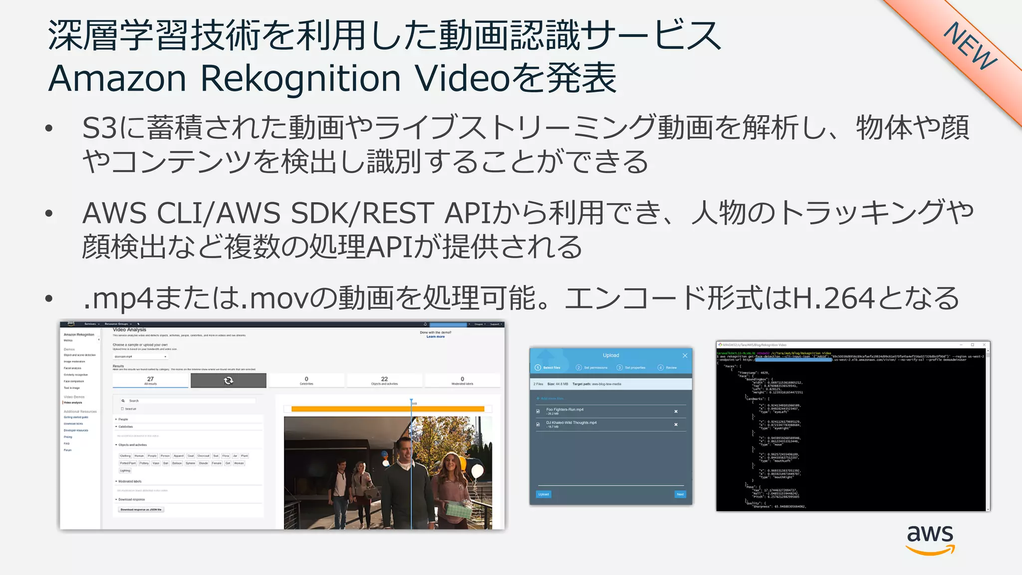 深層学習技術を利⽤した動画認識サービス
Amazon Rekognition Videoを発表
• S3に蓄積された動画やライブストリーミング動画を解析し、物体や顔
やコンテンツを検出し識別することができる
• AWS CLI/AWS SDK/REST APIから利⽤でき、⼈物のトラッキングや
顔検出など複数の処理APIが提供される
• .mp4または.movの動画を処理可能。エンコード形式はH.264となる
 