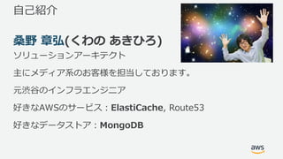 ⾃⼰紹介
桑野 章弘(くわの あきひろ)
ソリューションアーキテクト
主にメディア系のお客様を担当しております。
元渋⾕のインフラエンジニア
好きなAWSのサービス：ElastiCache, Route53
好きなデータストア：MongoDB
 