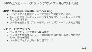 MPPとシェアードナッシングがスケールアウトの鍵
MPP : Massive Parallel Processing
• １つのタスクを複数のノードで分散して実⾏する仕組み
• Redshiftではリーダーノードがタスクをコンピュートノードに分
散して実⾏する
• ノードを追加する（スケールアウト）でパフォーマンス向上可能
シェアードナッシング
• ディスクをノードで共有しない構成
• ディスクを共有するとノード数が増えた時にボトルネックになる
ため、それを回避
• ノードとディスクがセットで増えていく
 