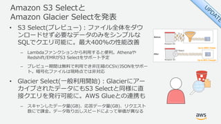 Amazon S3 Selectと
Amazon Glacier Selectを発表
• S3 Select(プレビュー)：ファイル全体をダウ
ンロードせず必要なデータのみをシンプルな
SQLでクエリ可能に。最⼤400%の性能改善
– Lambdaファンクションから利⽤すると便利。Athenaや
Redshift/EMRがS3 Selectをサポート予定
– プレビュー期間は無料で利⽤でき⾮圧縮のCSV/JSONをサポー
ト。暗号化ファイルは現時点では⾮対応
• Glacier Select(⼀般利⽤開始)：Glacierにアー
カイブされたデータにもS3 Selectと同様に直
接クエリを発⾏可能に。AWS Glueとの連携も
– スキャンしたデータ量(GB)、応答データ量(GB)、リクエスト
数にで課⾦。データ取り出しスピードによって単価が異なる
 