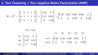 2. Text Clustering | Non-negative Matrix Factorization (NMF)
Kyunghoon Kim (UNIST) A Mathematical Measurement for Korean Text mining and its applications Dec 12, 2017 32 / 83
Doc1
Doc2
Doc3
Feature
1
Feature
2
Feature 1
Feature 2
Term
1
Term
2
Term
3
Term
4
Term
5
 