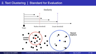 2. Text Clustering | Standard for Evaluation
Kyunghoon Kim (UNIST) A Mathematical Measurement for Korean Text mining and its applications Dec 12, 2017 37 / 83
1
2
3
4
5
Nearest
neighbors
Limited
Radius
 