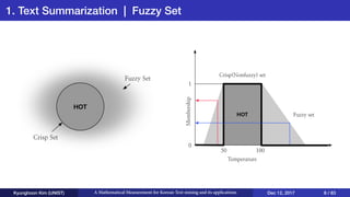 1. Text Summarization | Fuzzy Set
Kyunghoon Kim (UNIST) A Mathematical Measurement for Korean Text mining and its applications Dec 12, 2017 8 / 83
 