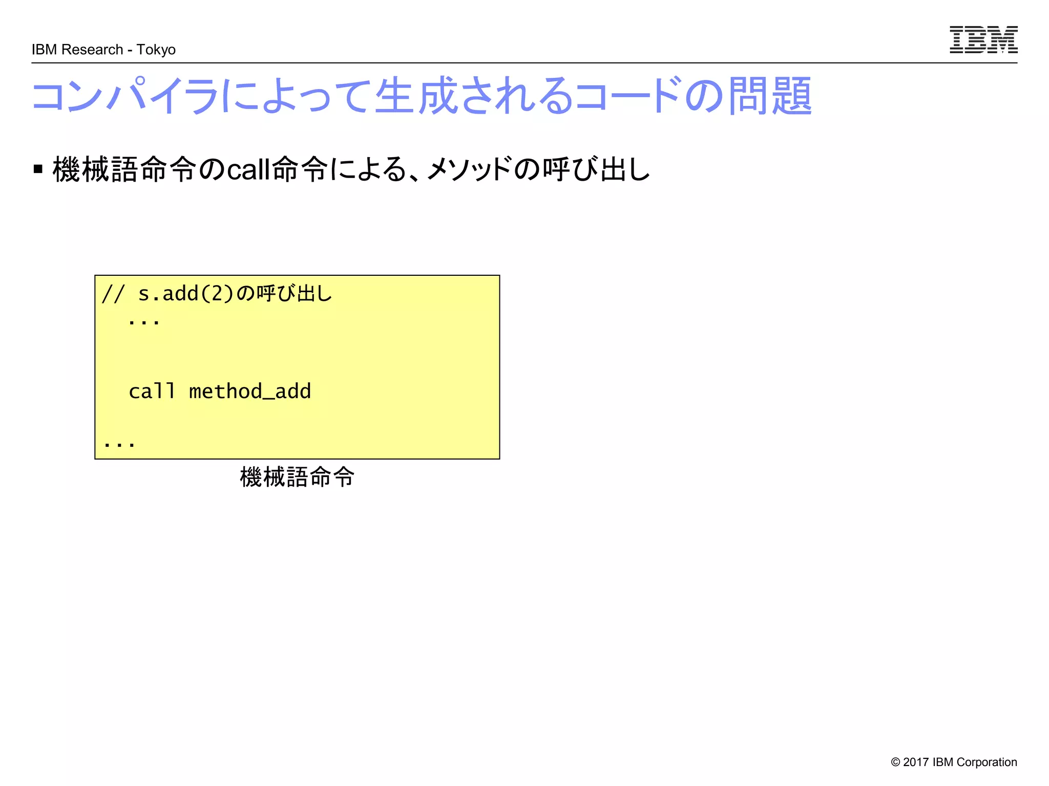 © 2017 IBM Corporation
IBM Research - Tokyo
コンパイラによって生成されるコードの問題
▪ 機械語命令のcall命令による、メソッドの呼び出し
// s.add(2)の呼び出し
...
call method_add
...
機械語命令
 