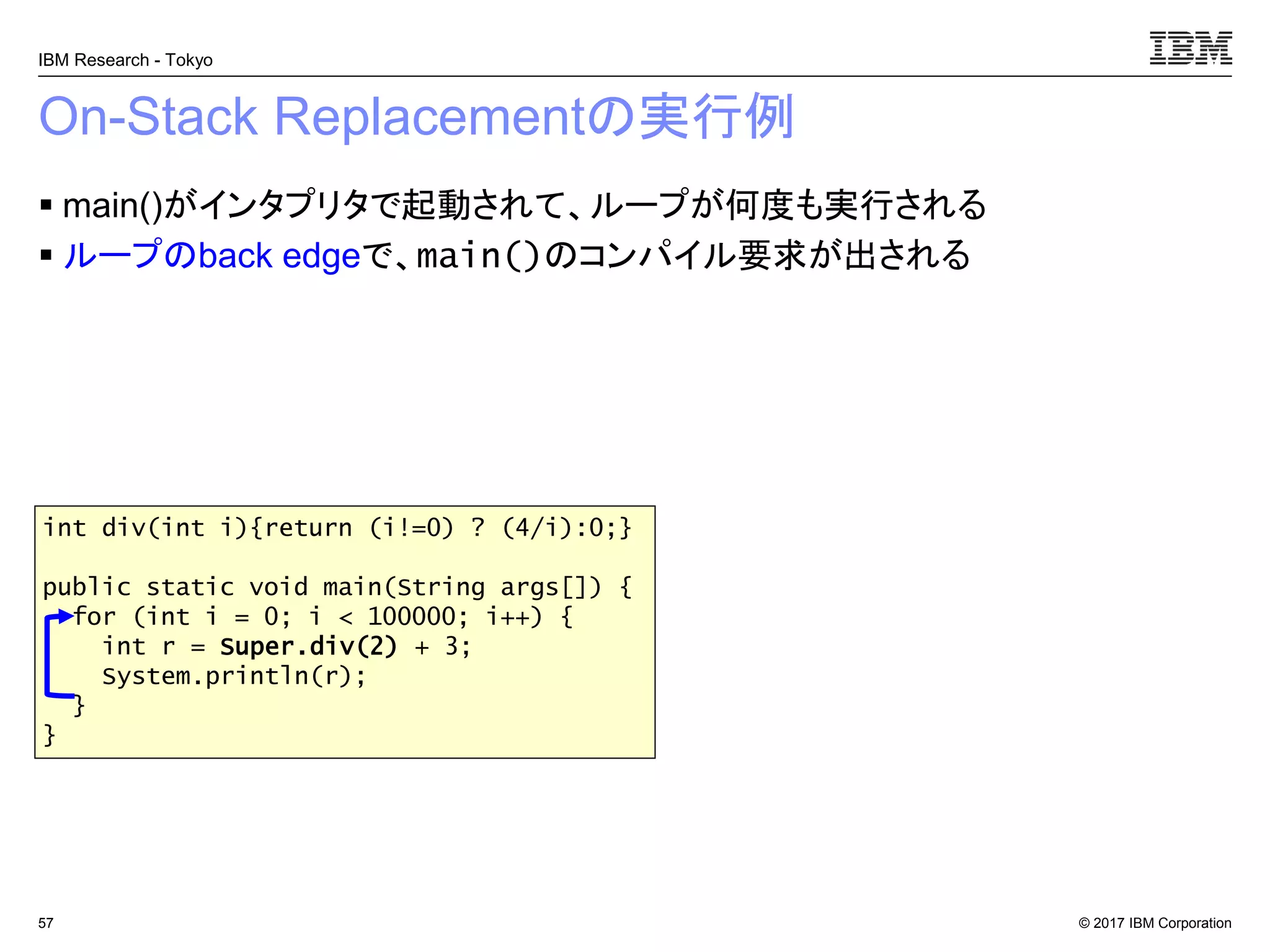 © 2017 IBM Corporation
IBM Research - Tokyo
On-Stack Replacementの実行例
▪ main()がインタプリタで起動されて、ループが何度も実行される
▪ ループのback edgeで、main()のコンパイル要求が出される
57
int div(int i){return (i!=0) ? (4/i):0;}
public static void main(String args[]) {
for (int i = 0; i < 100000; i++) {
int r = Super.div(2) + 3;
System.println(r);
}
}
 
