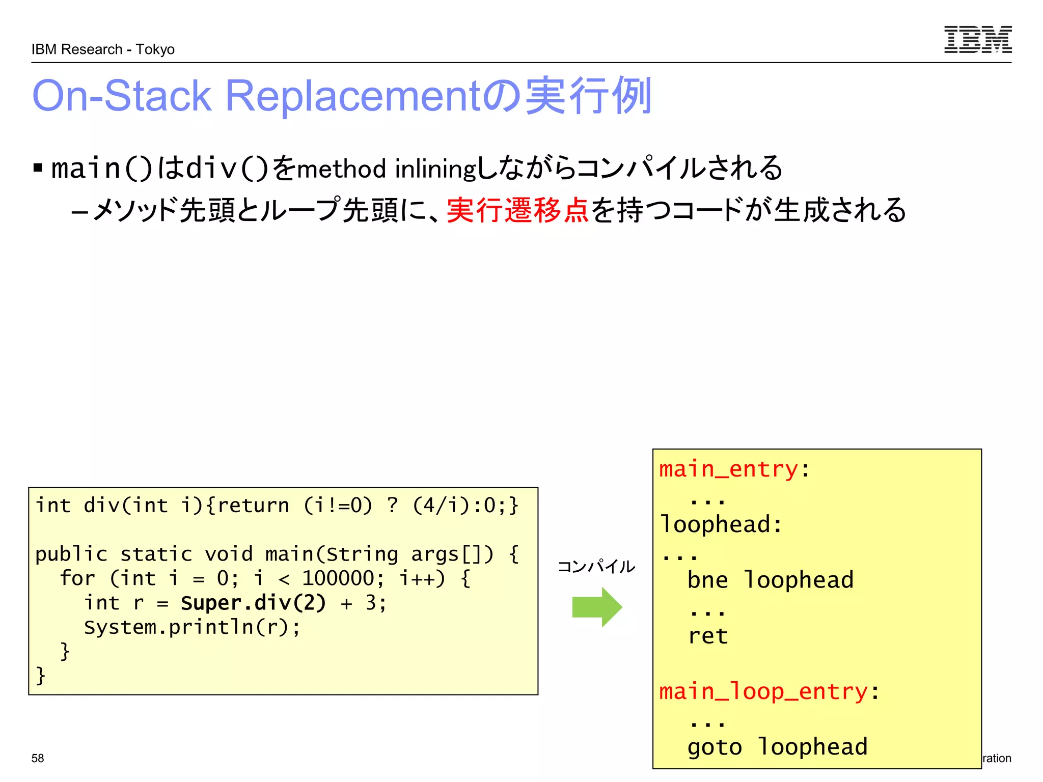 © 2017 IBM Corporation
IBM Research - Tokyo
On-Stack Replacementの実行例
▪ main()はdiv()をmethod inliningしながらコンパイルされる
– メソッド先頭とループ先頭に、実行遷移点を持つコードが生成される
58
main_entry:
...
loophead:
...
bne loophead
...
ret
main_loop_entry:
...
goto loophead
int div(int i){return (i!=0) ? (4/i):0;}
public static void main(String args[]) {
for (int i = 0; i < 100000; i++) {
int r = Super.div(2) + 3;
System.println(r);
}
}
コンパイル
 