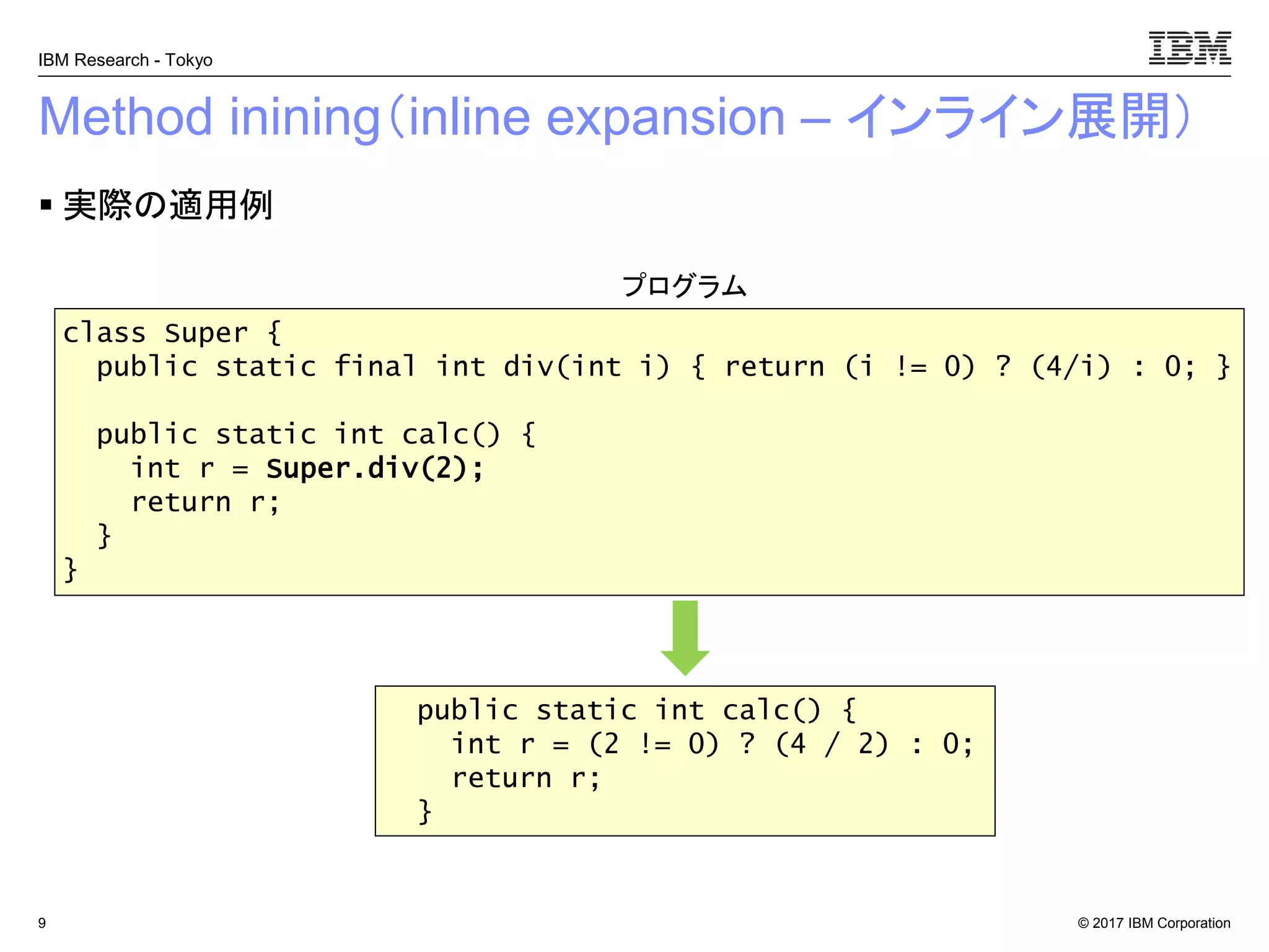 © 2017 IBM Corporation
IBM Research - Tokyo
Method inining（inline expansion – インライン展開）
▪ 実際の適用例
9
class Super {
public static final int div(int i) { return (i != 0) ? (4/i) : 0; }
public static int calc() {
int r = Super.div(2);
return r;
}
}
プログラム
public static int calc() {
int r = (2 != 0) ? (4 / 2) : 0;
return r;
}
 