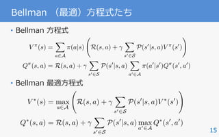 15
Bellman （最適）⽅程式たち
• Bellman ⽅程式
• Bellman 最適⽅程式
V ⇡
(s) =
X
a2A
⇡(a|s) R(s, a) +
X
s02S
P(s0
|s, a)V ⇡
(s0
)
!
Q⇡
(s, a) = R(s, a) +
X
s02S
P(s0
|s, a)
X
a02A
⇡(a0
|s0
)Q⇡
(s0
, a0
)
V ⇤
(s) = max
a2A
R(s, a) +
X
s02S
P(s0
|s, a)V ⇤
(s0
)
!
Q⇤
(s, a) = R(s, a) +
X
s02S
P(s0
|s, a) max
a02A
Q⇤
(s0
, a0
)
 