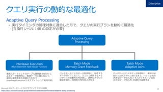 クエリ実行の動的な最適化
Adaptive Query Processing
Microsoft SQL データベースでのアダプティブ クエリの処理
https://docs.microsoft.com/ja-jp/sql/relational-databases/performance/adaptive-query-processing
 