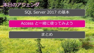 本日のアジェンダ
SQL Server 2017 の基本
Access と一緒に使ってみよう
まとめ
 