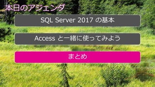本日のアジェンダ
SQL Server 2017 の基本
Access と一緒に使ってみよう
まとめ
 