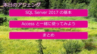 本日のアジェンダ
SQL Server 2017 の基本
Access と一緒に使ってみよう
まとめ
 