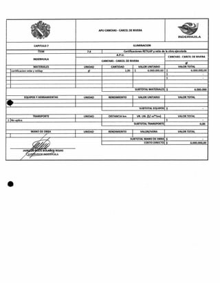 :1, '.,,
: - !,
-., .,.'
APU CANCHAS - CARCEL DE RIVERA
..,
•ef ‘- ' s
INDERHUILA
CAPITULO 7 ILUMINACION
ÍTEM 7.6 Certificaciones RETILAP y retie de la obra ejecutada
INDERHUILA
A.P.U.
CANCHAS - CARcEi DF RNFRA
CANCHAS - CARCEL DE RIVERA
gl
MATERIALES UNIDAD CANTIDAD VALOR UNITARIO VALOR TOTAL
certificacion retie y retilap gl 1,00 $ 6.000.000,00 $ 6.000.000,00
$
$
SUBTOTAL MATERIALES $ 6.000.000
EQUIPOS Y HERRAMIENTAS UNIDAD RENDIMIENTO VALOR UNITARIO VALOR TOTAL
.41/
SUBTOTAL EQUIPOS $
TRANSPORTE UNIDAD DISTANCIA km VR. UN. (S/ m"km) VALOR TOTAL
1 No aplica $
SUBTOTAL TRANSPORTE 0,00
MANO DE OBRA
I
UNIDAD RENDIMIENTO 1 VALOR/HORA VALOR TOTAL
1 Í 1
/ SUBTOTAL MANO DE OBRA $ -
COSTO DIRECTO $ 6.000.000,00
JAIR ROS O . BOLAr ROJAS
SU • 'VISOR IN-DE ILA
•
 